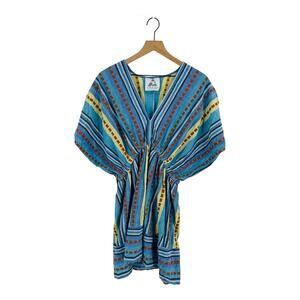 Pearl & Caviar Boho Cotton Striped Cinched Waist Dress Coverup Blue Size M/L